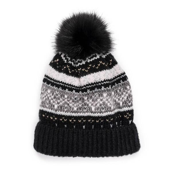 Womens MUK LUKS(R) Mixed Yarn Cuff Pom Beanie - Ebony