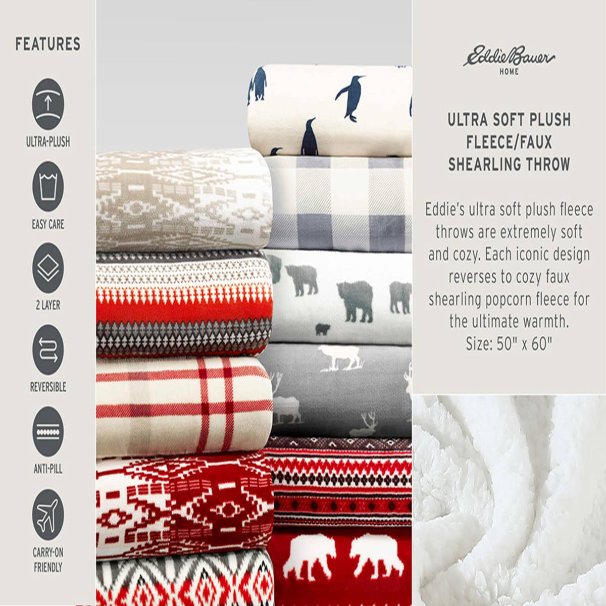 Eddie Bauer Clyde Hill Stripe Plush-Fleece Reversible Throw