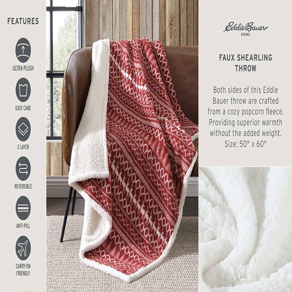 Eddie Bauer Bunkhouse Plaid Sherpa Reversible Throw