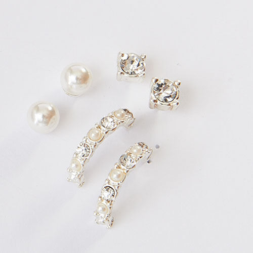 3pr. Simulated Cream Pearl & Crystal Earrings Set