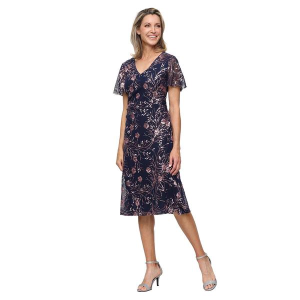 Petite SLNY Flutter Sleeve V Neck Sequin Floral A-Line Dress