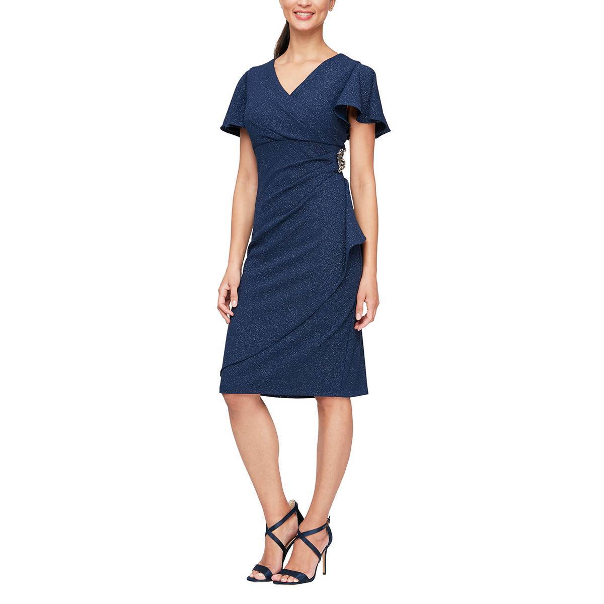 Petite SLNY Flutter Sleeve Surplice Side Embellished Wrap Dress