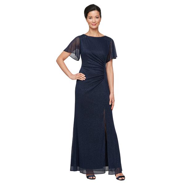 Petite SLNY Flutter Sleeve Solid Glitter Mesh Gown
