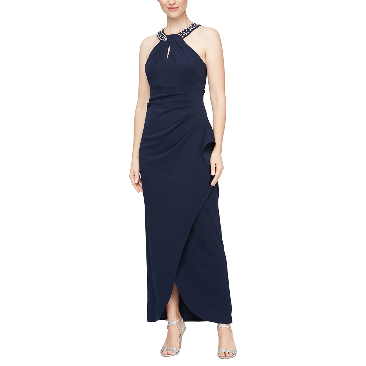 Petite SLNY Sleeveless Twist Gem Halter Neck Gown