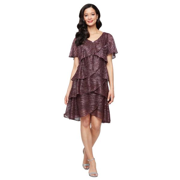 Petite SLNY Short Sleeve Tiered Shimmer Fit & Flare Borde Dress