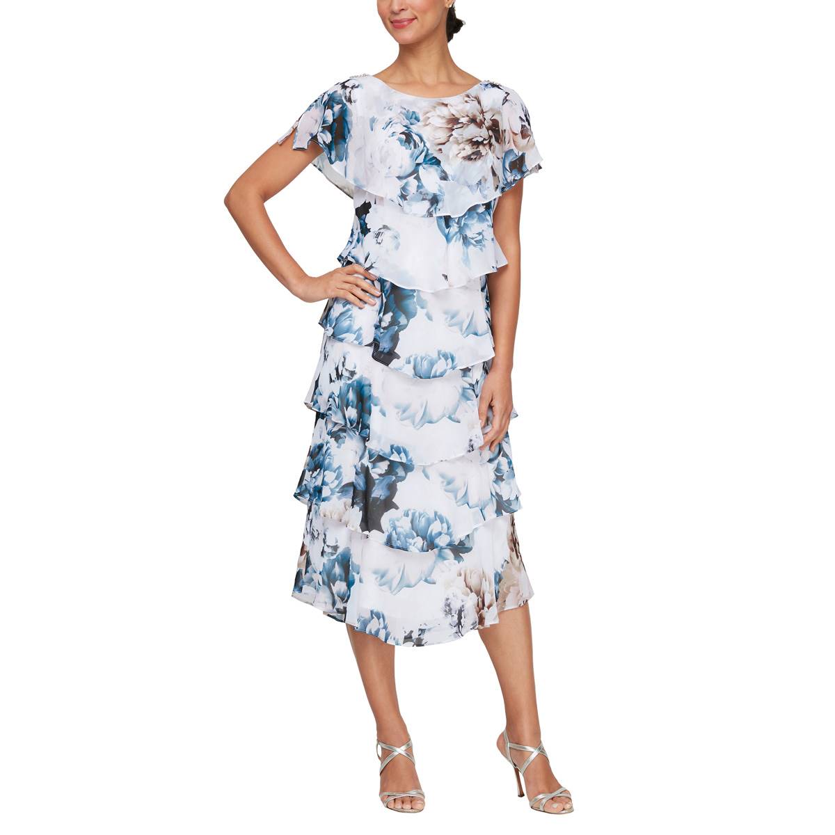 Petite SLNY Tea Length Floral Tier Hem Sheath Dress