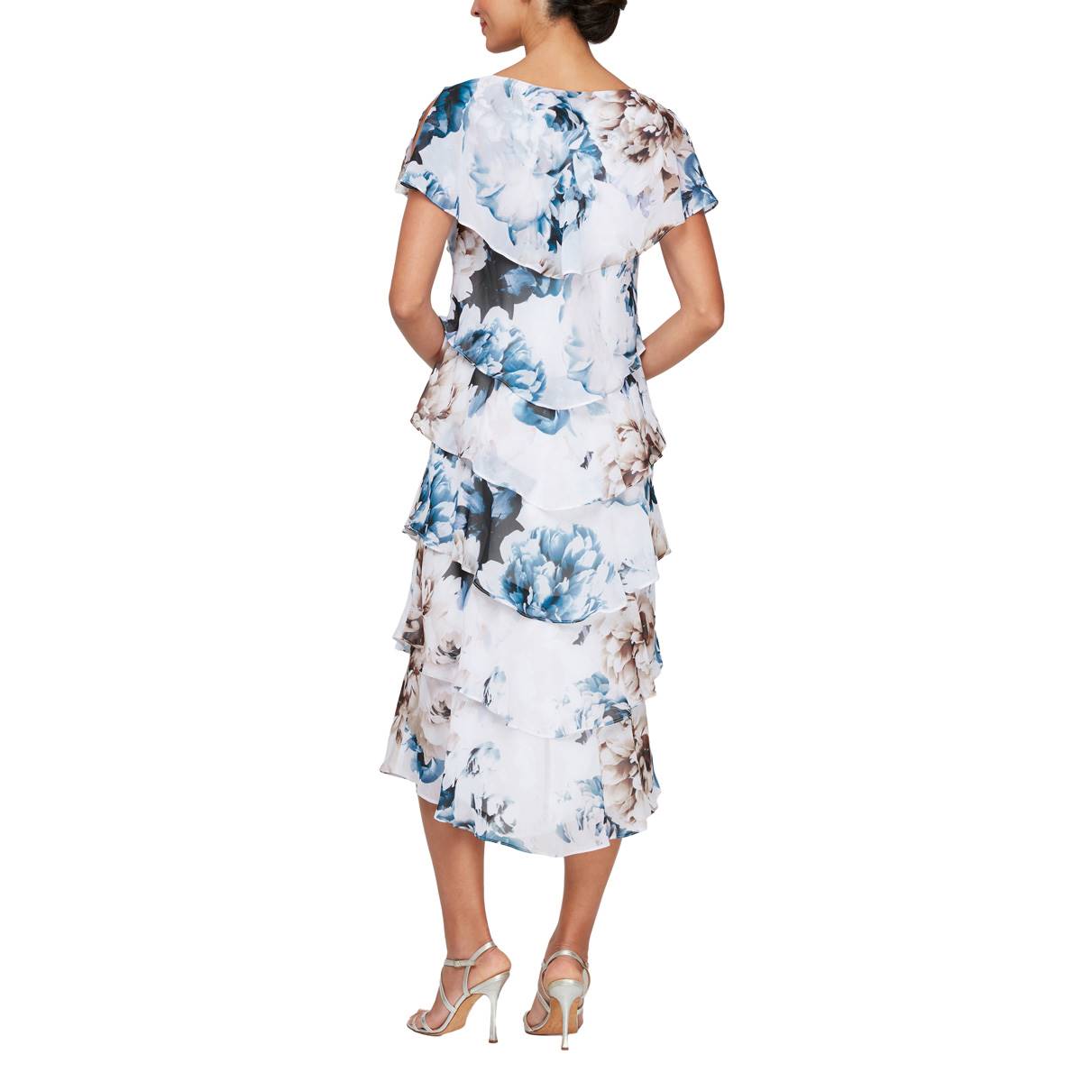 Petite SLNY Tea Length Floral Tier Hem Sheath Dress