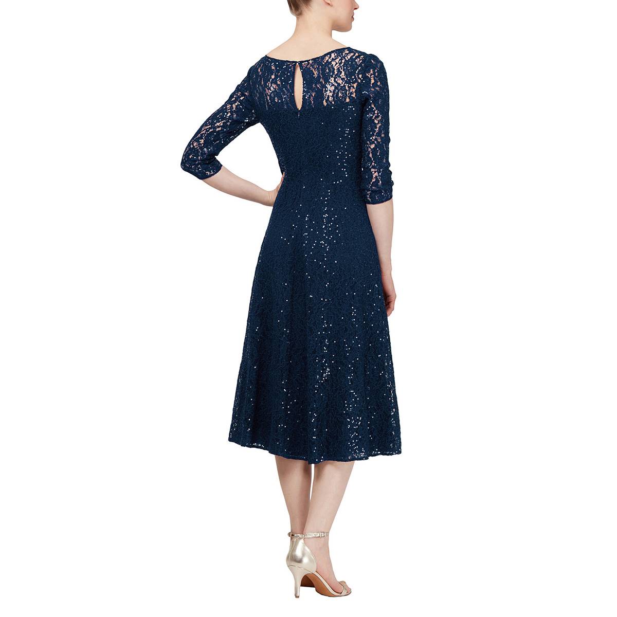 Womens SLNY 3/4 Sleeve Lace Tea Length A-Line Dress