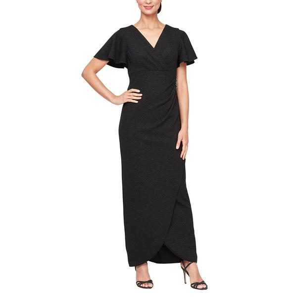 Womens SLNY Flutter Sleeve Side Embellished Evening Gown