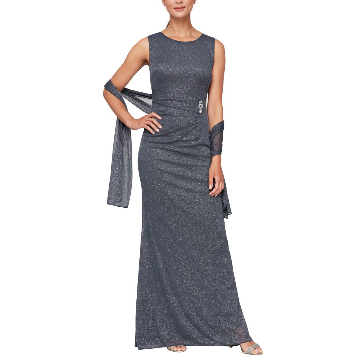 Womens SLNY Sleeveless Glitter Maxi Mesh Dress With Shawl