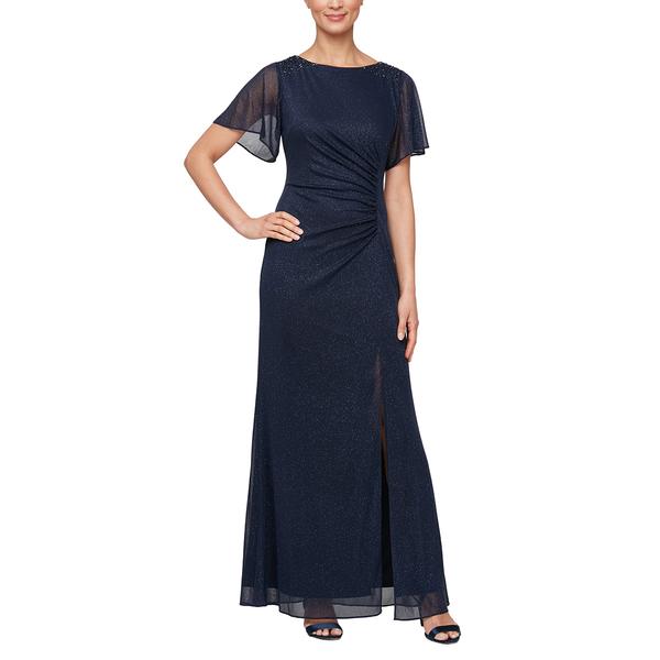 Womens SLNY Flutter Sleeve Solid Glitter Mesh Gown