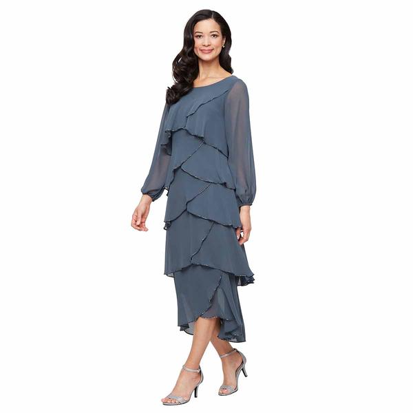 Womens SLNY Long Sleeve Tier Beaded Trim Midi Dress