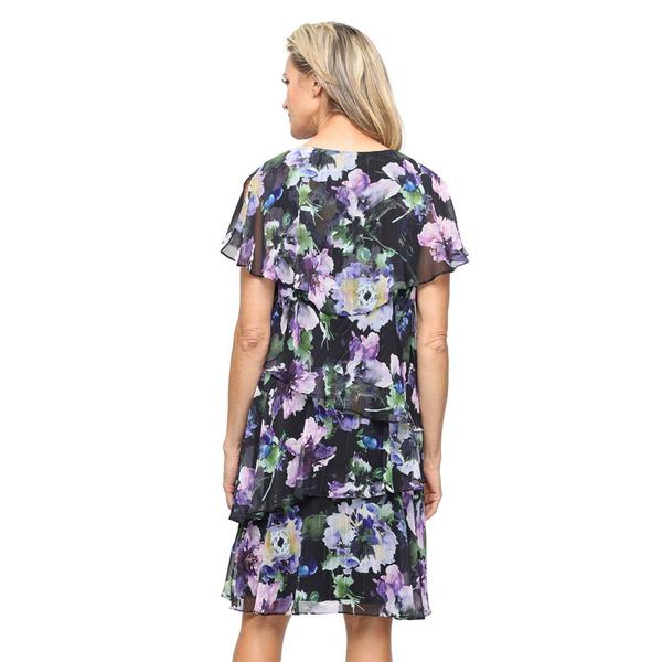 Womens SLNY Short Sleeve Floral Tier Chiffon A-Line Dress alternate view