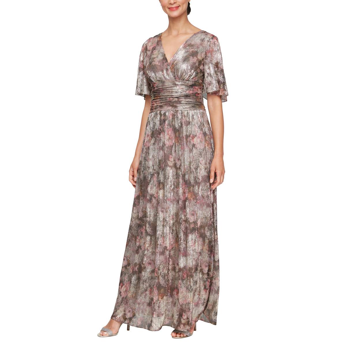 Womens SLNY Watercolor Floral Ruched Empire Waist Evening Gown