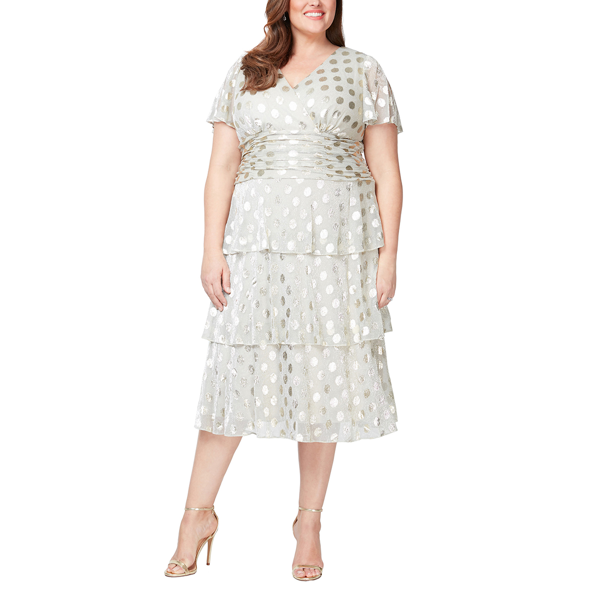 Plus Size SLNY Flutter Sleeve Tier Dot Midi Dress