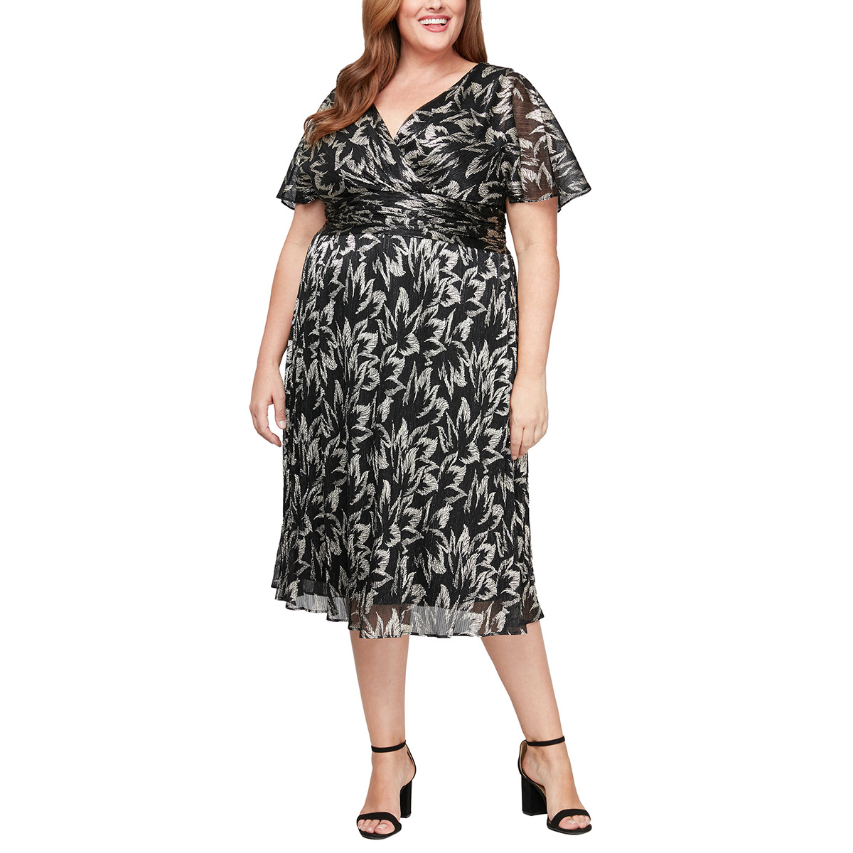 Plus Size SLNY Short Sleeve Foil Ruched Empire Waist Midi Dress