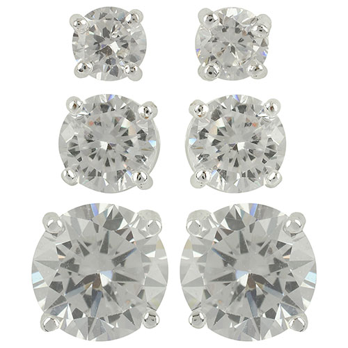 Silver-Tone Round CZ Earrings 3pr. Set