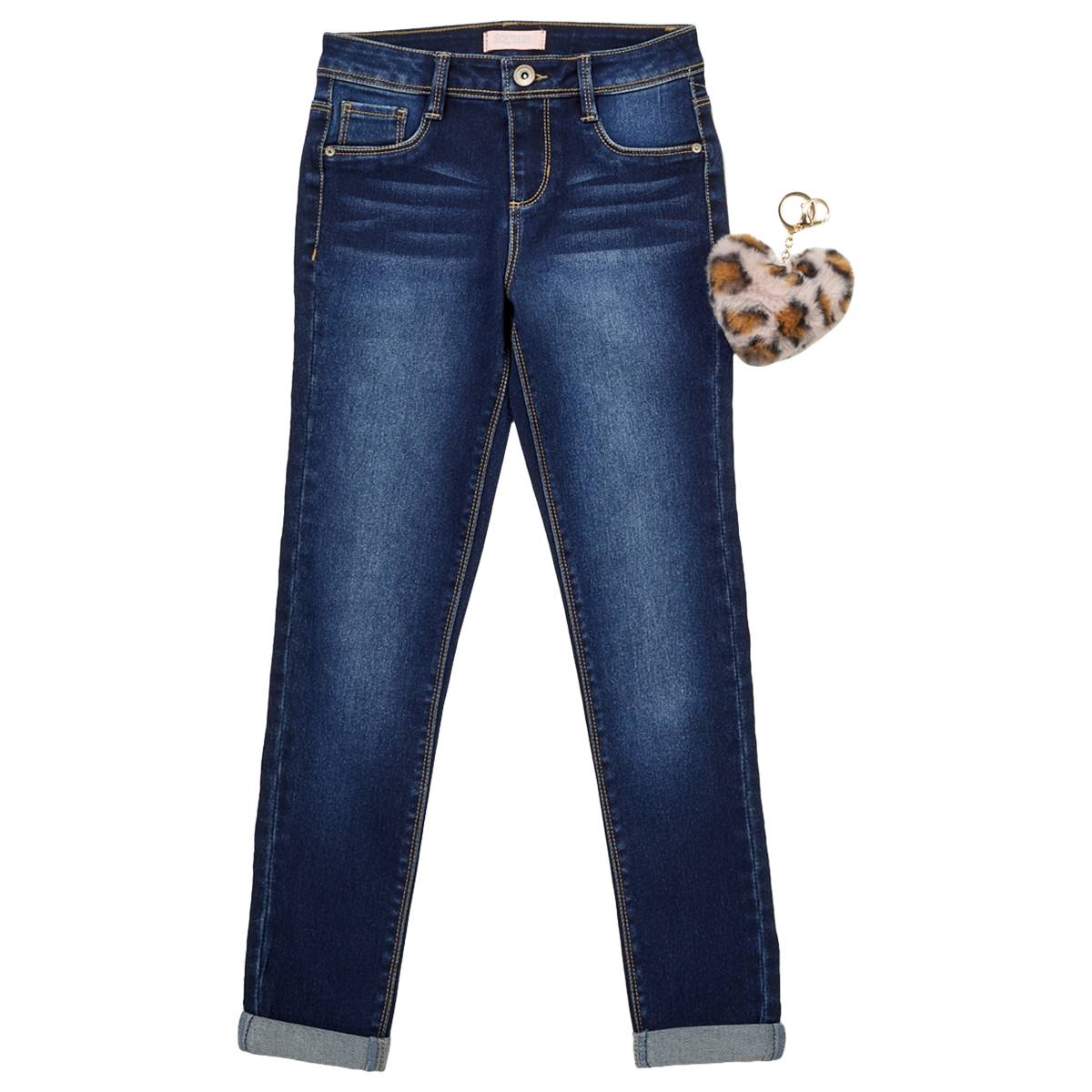 Girls (7-12) Squeeze Roll Cuff Skinny Jeans W/Leopard Puff