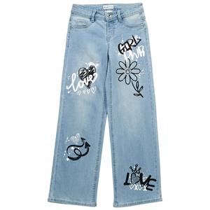 Girls (7-12) Blue Spice Graffiti Wide Leg Jeans