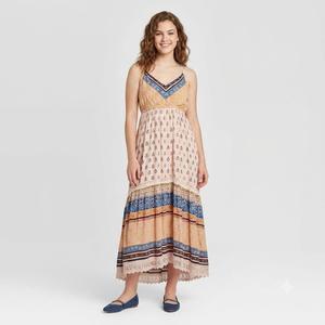 Juniors Angie Mix Print Crochet Trim Maxi Slip Dress