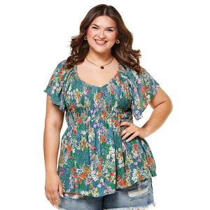 Juniors Plus Angie Floral Smock V Front Peasant Top