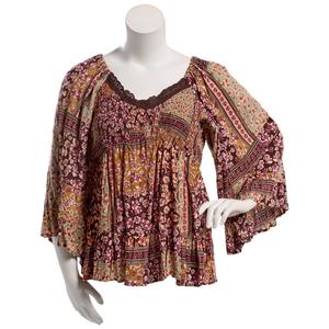Juniors Plus Angie Floral V-Neck Smock Bodice Long Sleeve Top