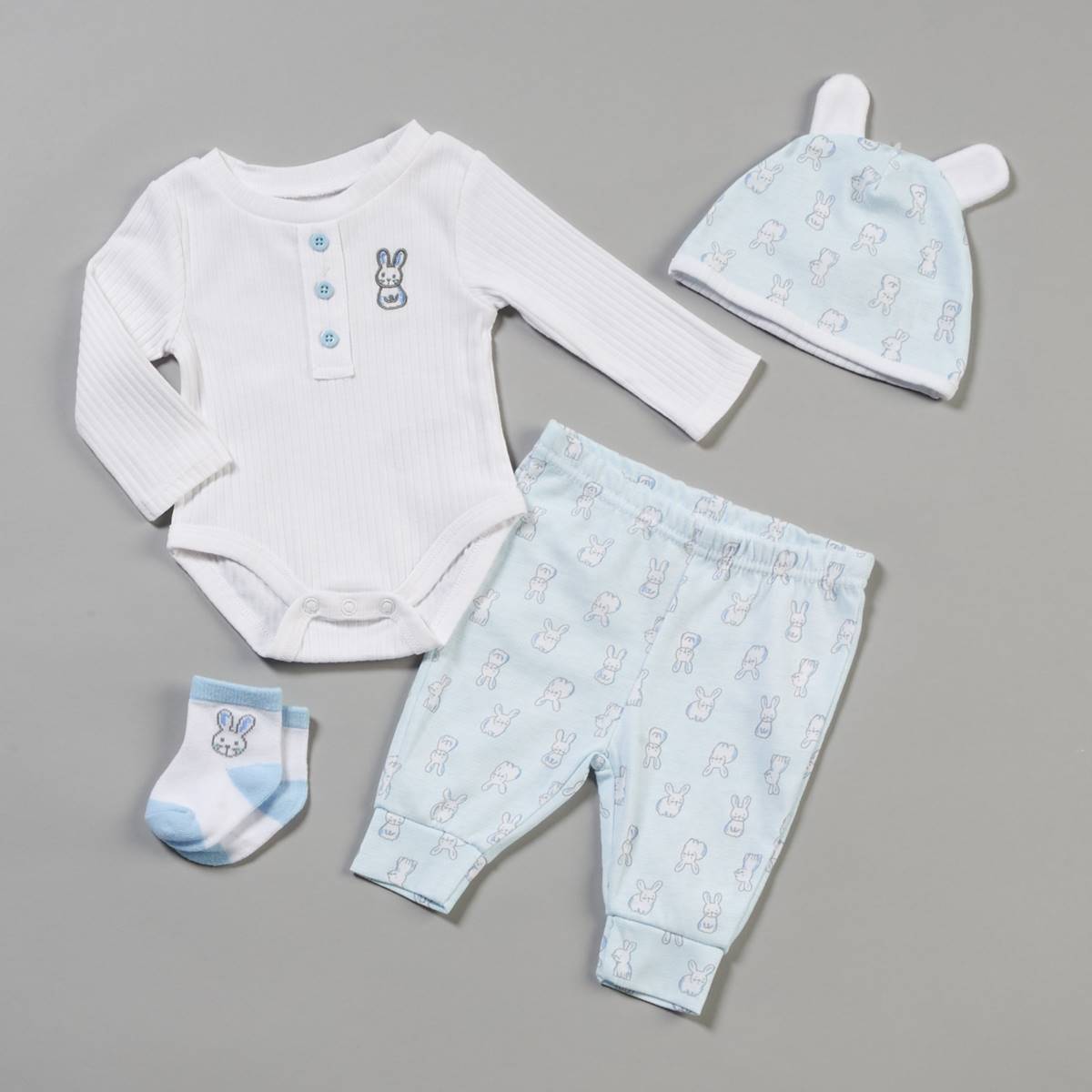 Baby Boy (3-9M) Baby Essentials 4pc. Bunny Bodysuit & Pants Set