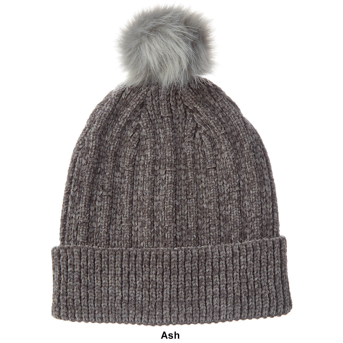 Womens Isotoner Chenille Beanie W/Cuff & Fur Pom