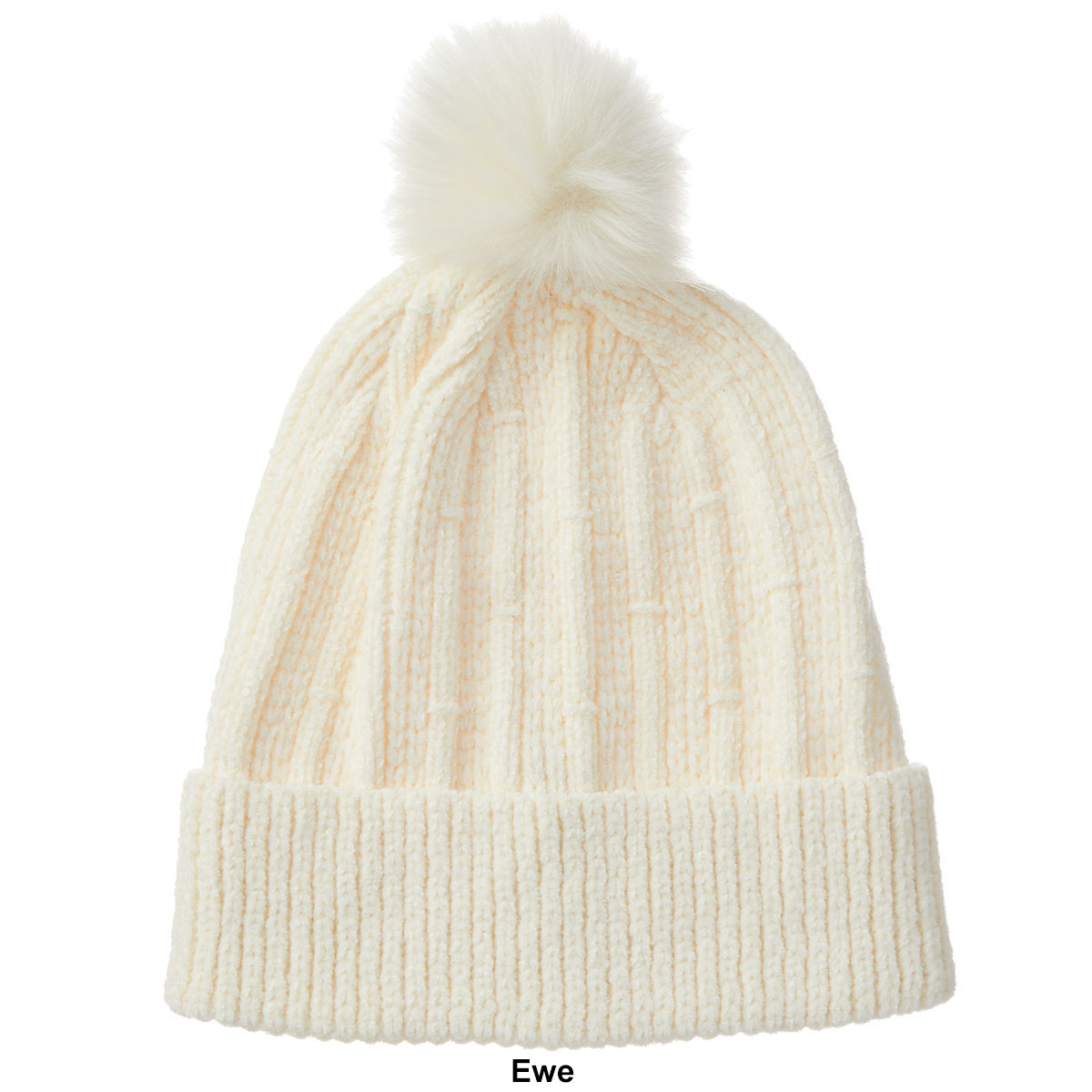 Womens Isotoner Chenille Beanie W/Cuff & Fur Pom