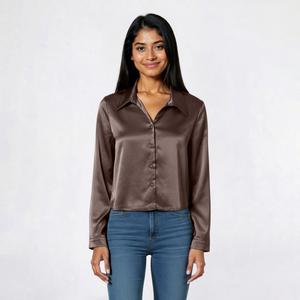 Juniors Love Tree V-Neck Cropped Satin Button Up