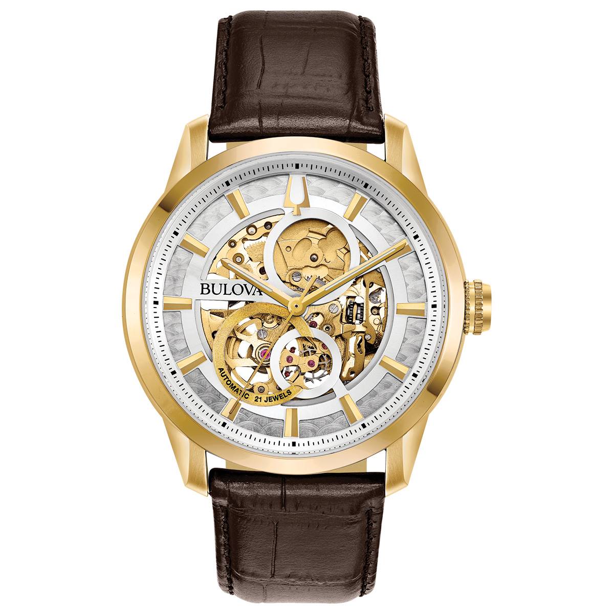 Mens Bulova Sutton Skeleton Brown Strap Watch - 97A138