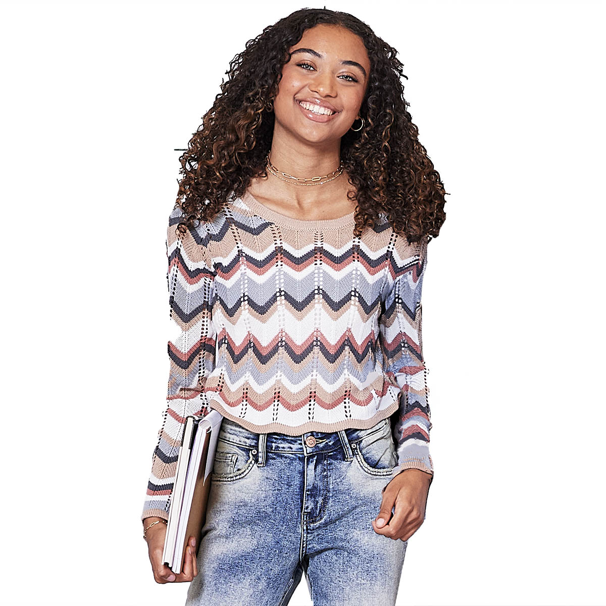 Juniors No Comment Tonal Open-Stitch Pullover Sweater