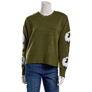 Juniors No Comment Mossy Sheep Sleeve Sweater- Green alternate view