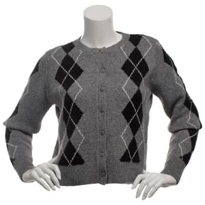 Juniors No Comment Crew Neck Button Front Argyle Cardigan