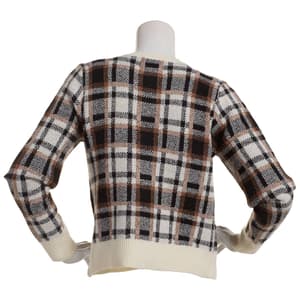 Juniors No Comment Crew Neck Button Front Plaid Cardigan
