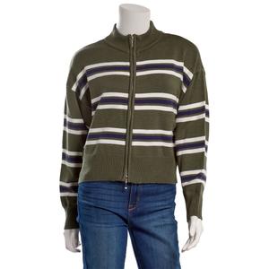 Juniors No Comment Multi Stripe Full Zip Mock Neck Sweater