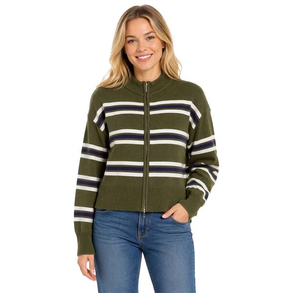 Juniors No Comment Multi Striped Full Zip Mock Neck Sweater