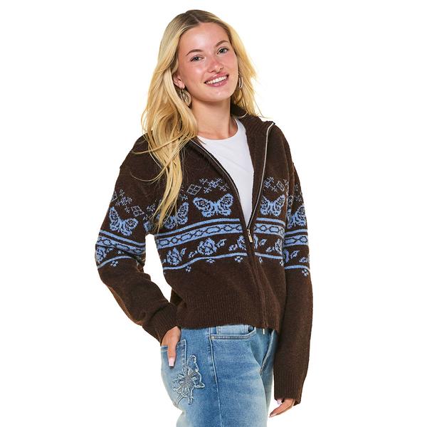 Juniors No Comment Mossy Jacquard Mockneck Zip Up