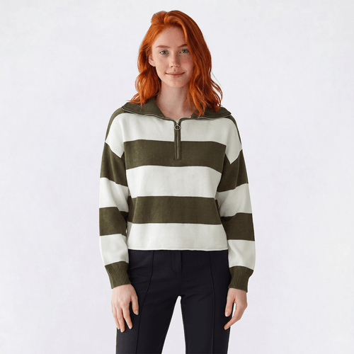 Juniors No Comment Striped Polo Collar Quarter Zip Sweater