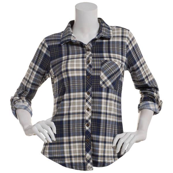 Juniors No Comment Plaid Fleece Roll Tab Sleeve Flannel - Naval