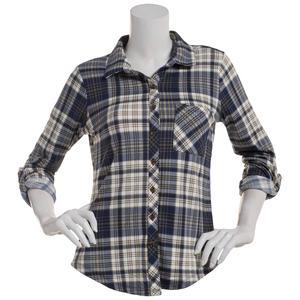 Juniors No Comment Plaid Fleece Roll Tab Sleeve Flannel - Naval