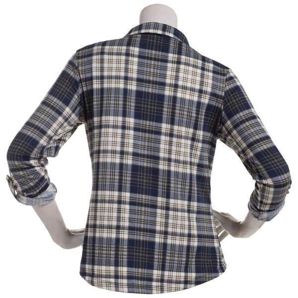 Juniors No Comment Plaid Fleece Roll Tab Sleeve Flannel - Naval alternate view