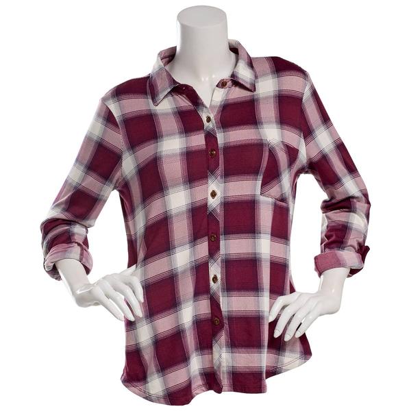 Juniors No Comment Plaid Fleece Flannel - Maroon