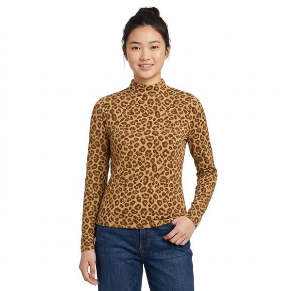 Juniors No Comment Fleece Mock Neck Long Sleeve Tee - Cheetah alternate view