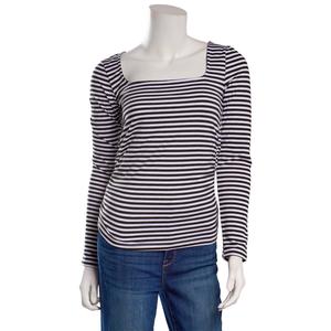 Juniors No Comment Long Sleeve Side Ruched Lined Top- Stripes