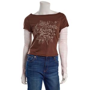 Juniors No Comment Boat Neck Screen Top w/ Lace Sleeves- Brown alternate view