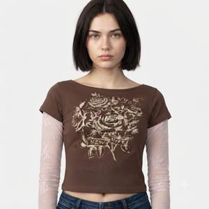 Juniors No Comment Boat Neck Screen Top w/ Lace Sleeves- Brown
