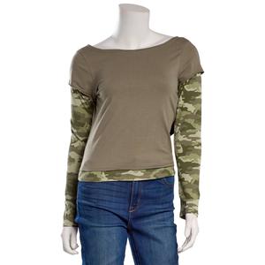 Juniors No Comment Boat Neck Top With Contrast Sleeves - Camo