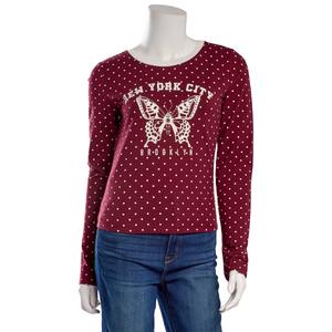 Juniors No Comment Long Sleeve Polka Dot Butterfly Tee - Maroon alternate view