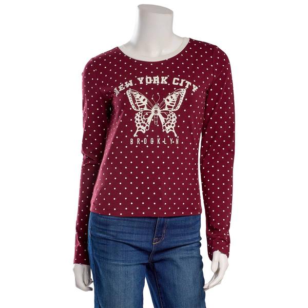 Juniors No Comment Long Sleeve Polka Dot Butterfly Tee - Maroon alternate view